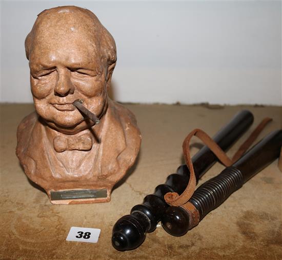 Churchill bust match strike & 2 truncheons